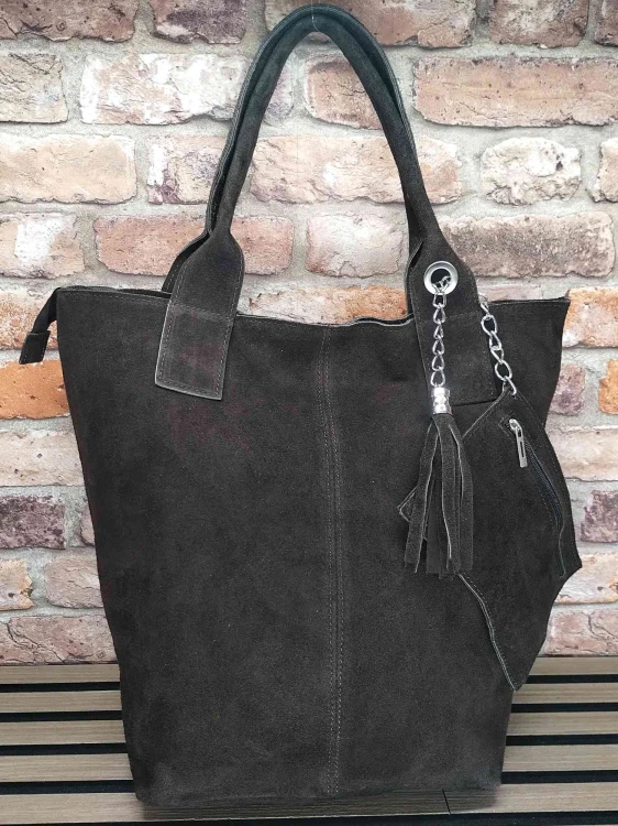 torebka zamszowa brązowa przód duża torba miejska shopper