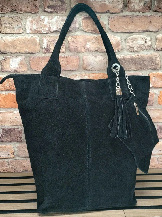 torebka zamszowa czarna przód elegancka shopper do pracy