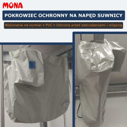 Pokrowiec ochronny na suwnicę wykonany na wymiar zabezpieczający elementy elektryczne i napędowe przed wilgocią oraz zabrudzeniami