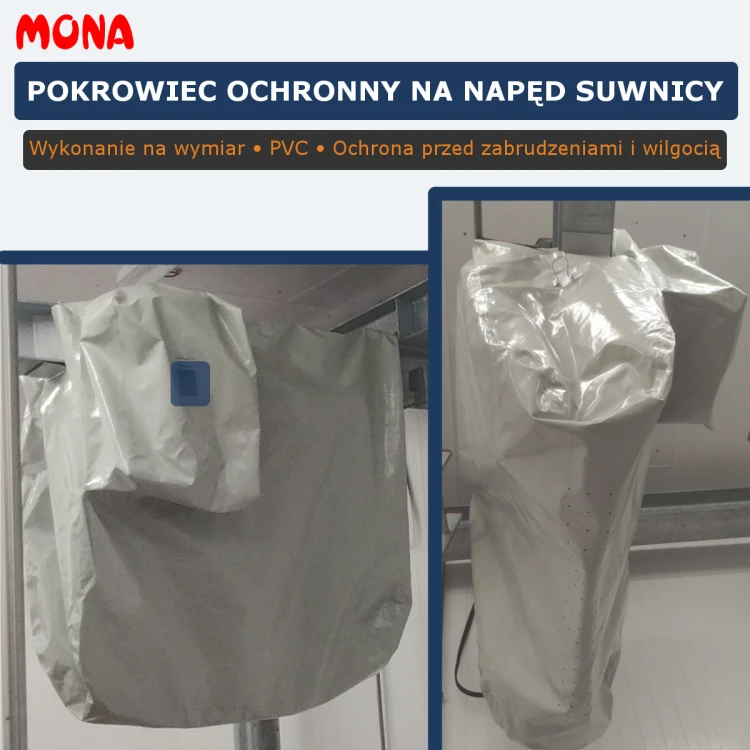 Pokrowiec ochronny na suwnicę wykonany na wymiar zabezpieczający elementy elektryczne i napędowe przed wilgocią oraz zabrudzeniami