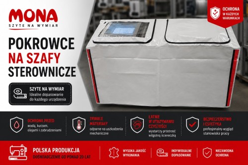 Pokrowiec ochronny założony na szafę sterowniczą zabezpieczający elektronikę i automatykę przemysłową przed wilgocią oraz zabrudzeniami