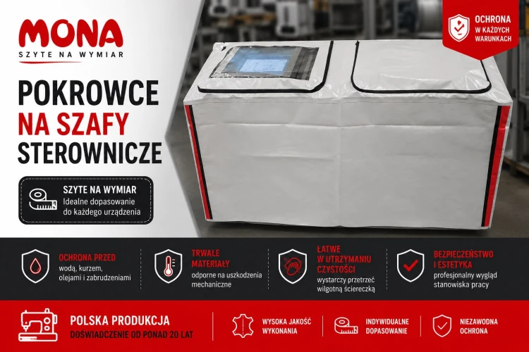 Pokrowiec ochronny założony na szafę sterowniczą zabezpieczający elektronikę i automatykę przemysłową przed wilgocią oraz zabrudzeniami