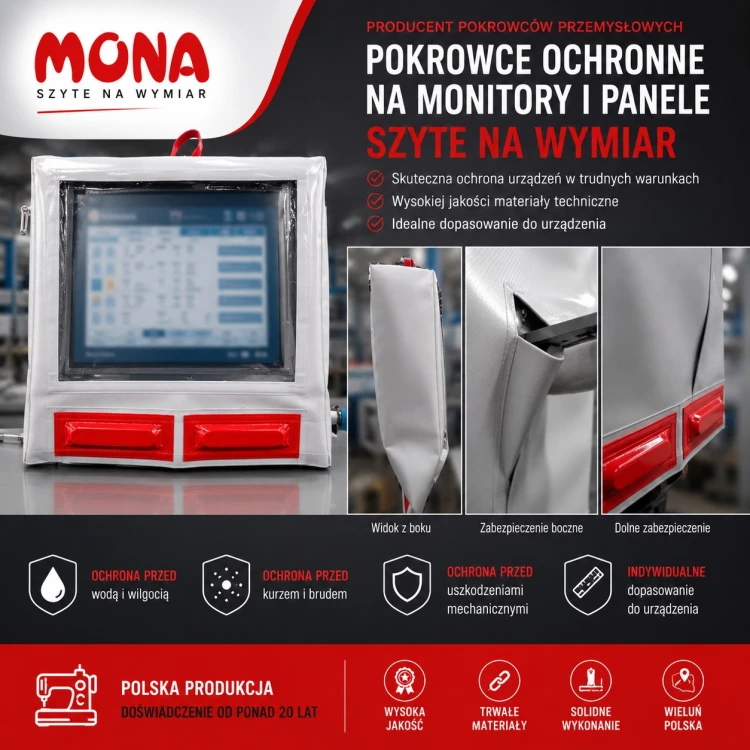Pokrowiec ochronny na monitor HMI na wymiar montowany od dołu i od góry zabezpieczający panel operatorski przed wilgocią i zabrudzeniami
