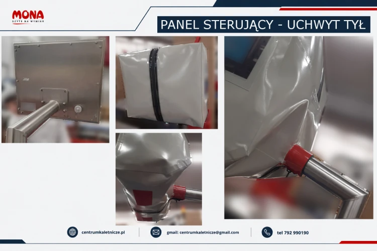Pokrowiec ochronny na panel sterujący montowany na uchwycie od tyłu wykonany na wymiar z materiału PVC odpornego na wodę, pianę i środki myjące.