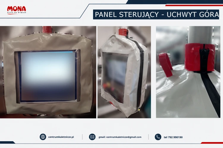 Pokrowiec ochronny PVC na panel sterujący HMI montowany na uchwycie od góry, zabezpieczający urządzenie przed wodą, pianą i zabrudzeniami podczas mycia linii produkcyjnej.
