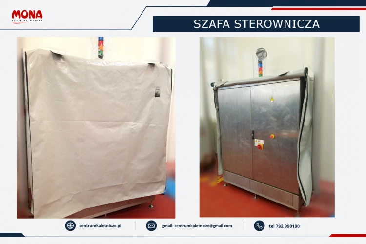Pokrowiec ochronny na szafę sterowniczą z przednim otwarciem na zamki błyskawiczne wykonany na wymiar z materiału PVC