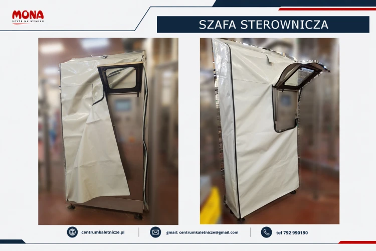 Pokrowiec ochronny na szafę sterowniczą robota przemysłowego z oknem inspekcyjnym i zamkami błyskawicznymi umożliwiającymi szybki dostęp do urządzenia.
