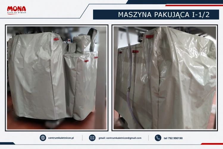 Szczelny pokrowiec ochronny na maszynę pakującą z multinaważarką wyposażony w magnetyczne połączenia