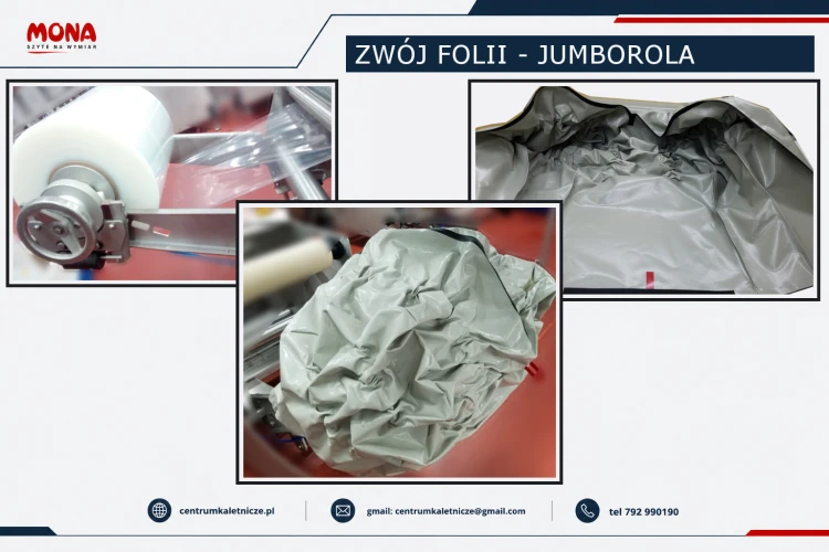 Pokrowiec ochronny na zwój folii zamontowany na termoformierce zabezpieczający materiał przed wilgocią i zabrudzeniami