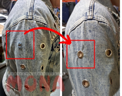 Zakładanie metalowych oczek w bluzie jeansowej – przykład precyzyjnej usługi kaletniczej wykonanej w Centrum Kaletniczym.